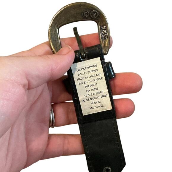 Vtg Liz Claiborne Womens Leather Elephant Belt Fashion Brass Size Medium Black - Picture 2 of 4